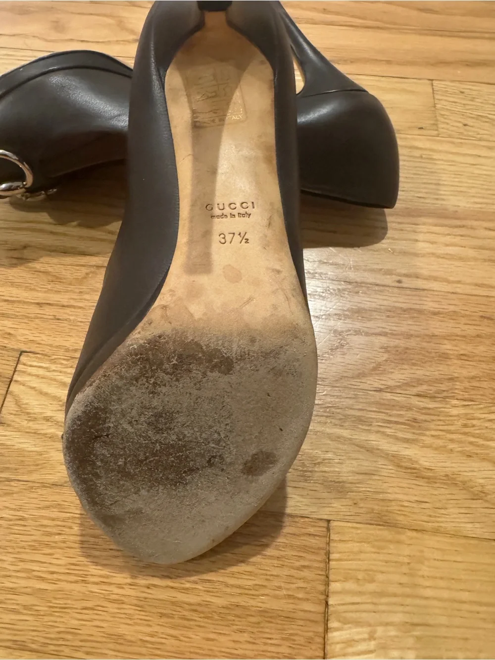Gucci Dark Brown Leather Horsebit Peep Toe Pumps Heels Size 37.5 / US 7.5